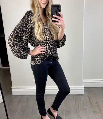 leopard balloon sleeve top with black jeans and flats